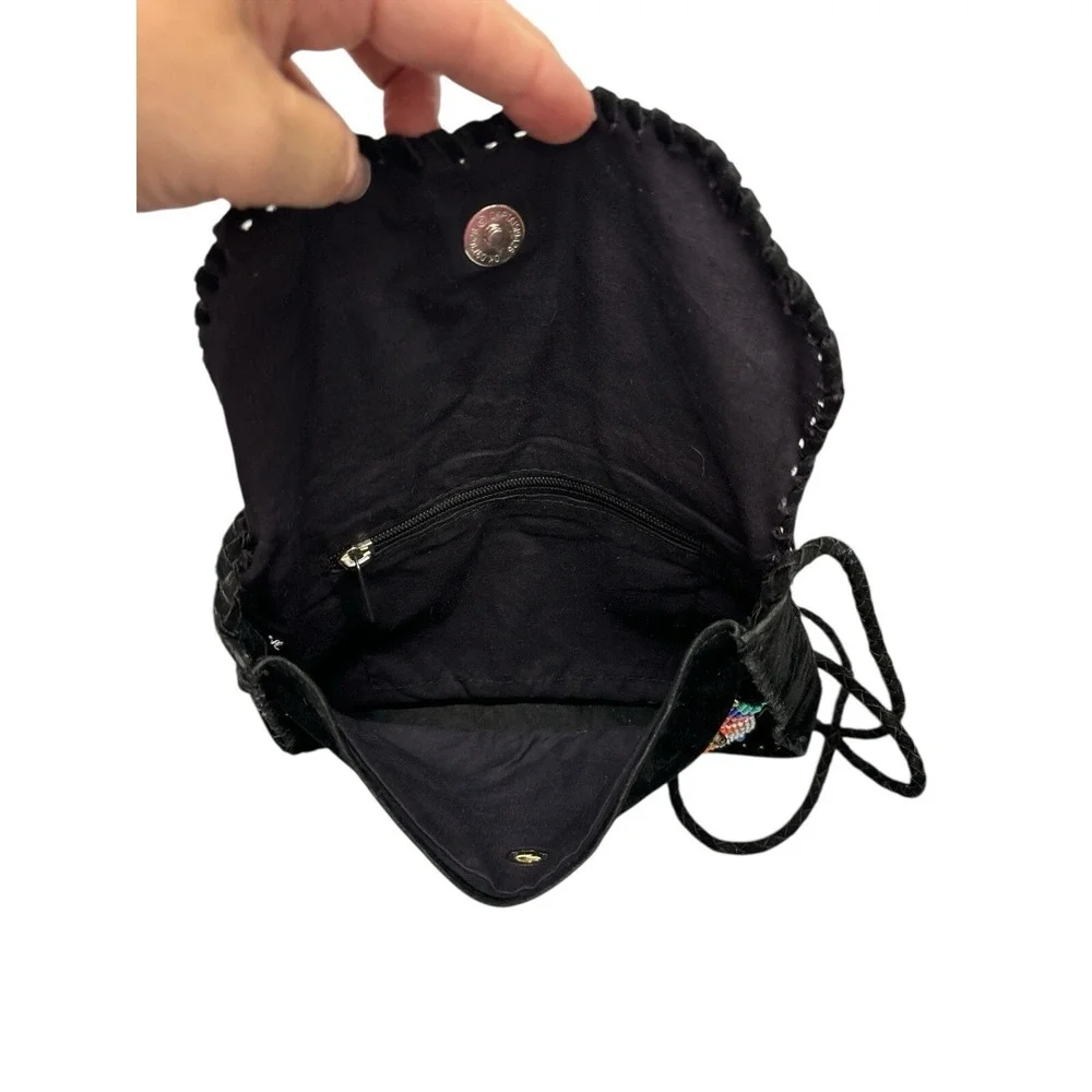 Vintage Bohemian Hobo‎ Embroidered Embellished Crossbody Black Suede Purse Bag